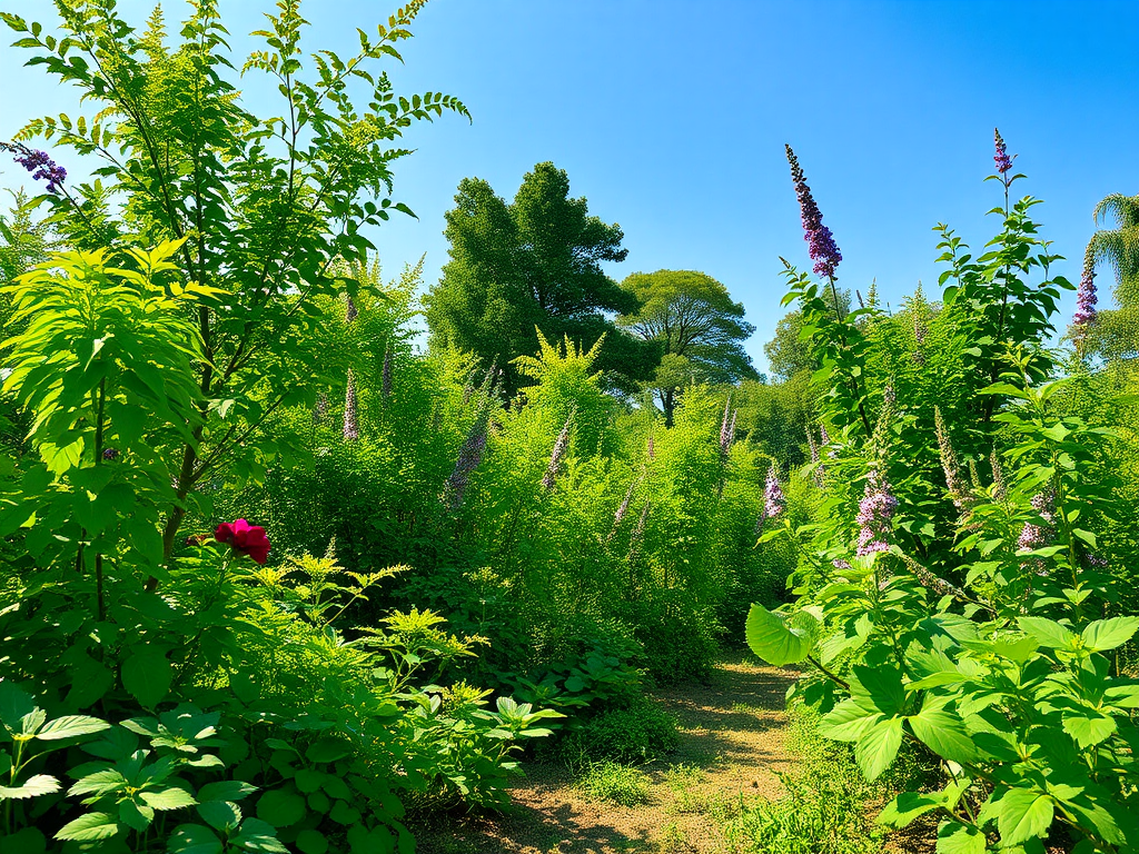 Lush food forest for horses under a blue sky.