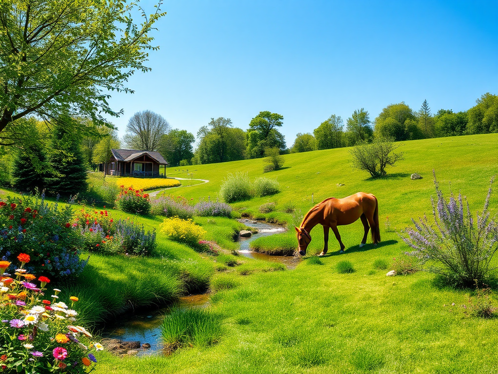 A peaceful garden with a horse by a stream.