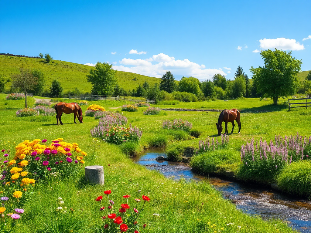 A tranquil garden with horses, flowers, and a stream.