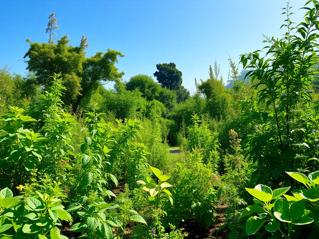 A vibrant food forest with lush greenery and blue sky.