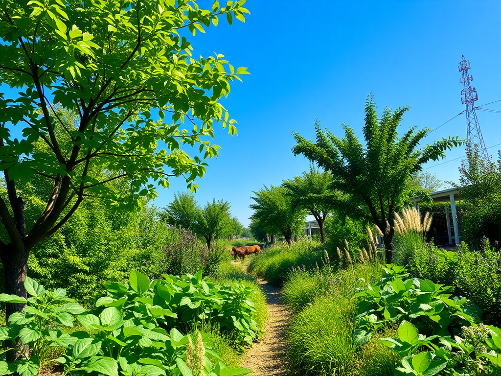Lush food forest for horses under a clear blue sky.