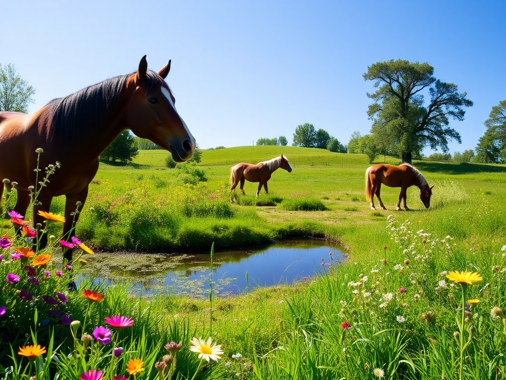 Horses grazing in a vibrant garden with wildflowers.