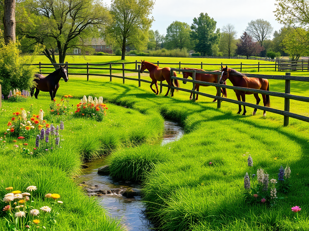 A peaceful garden with horses, flowers, and a stream.