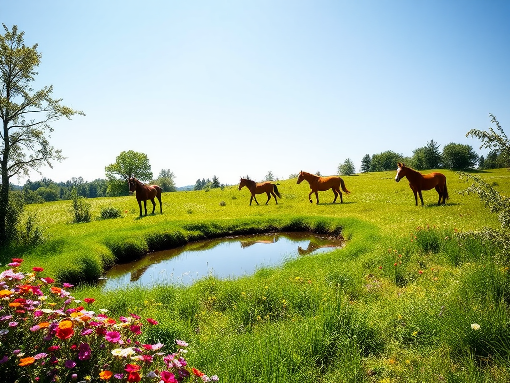Horses wandering in a vibrant green garden with a pond.