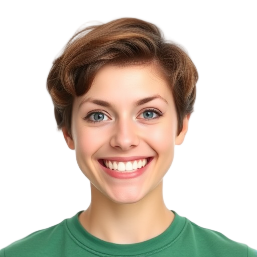 A smiling person with short hair against a white background.