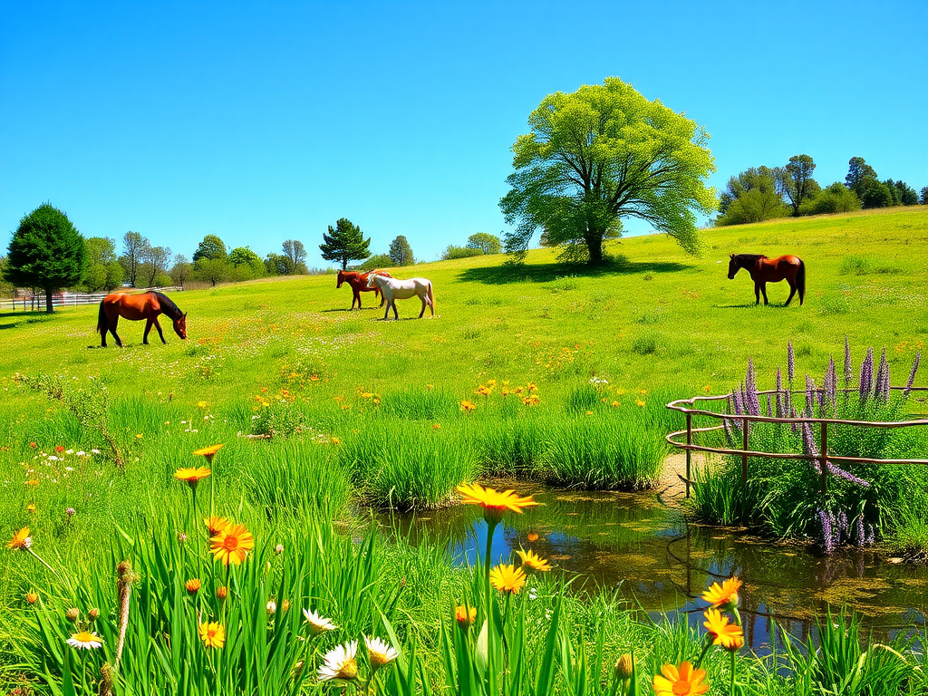 Horses grazing in a vibrant, natural garden setting.