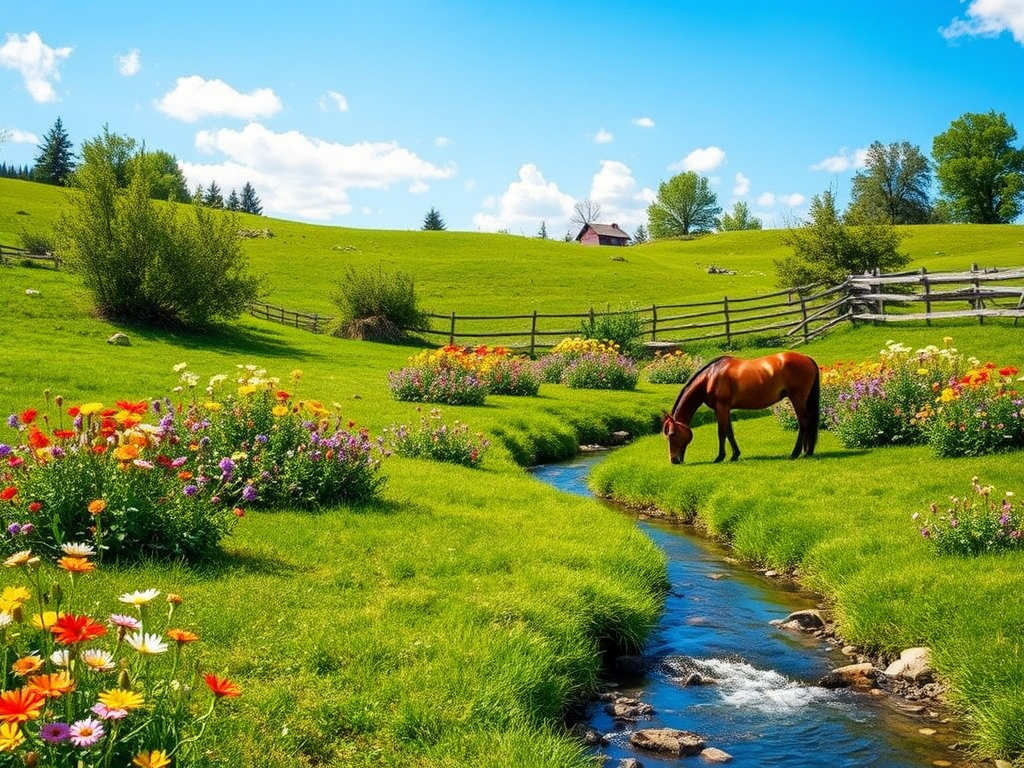 A horse grazing in a colorful garden by a stream.