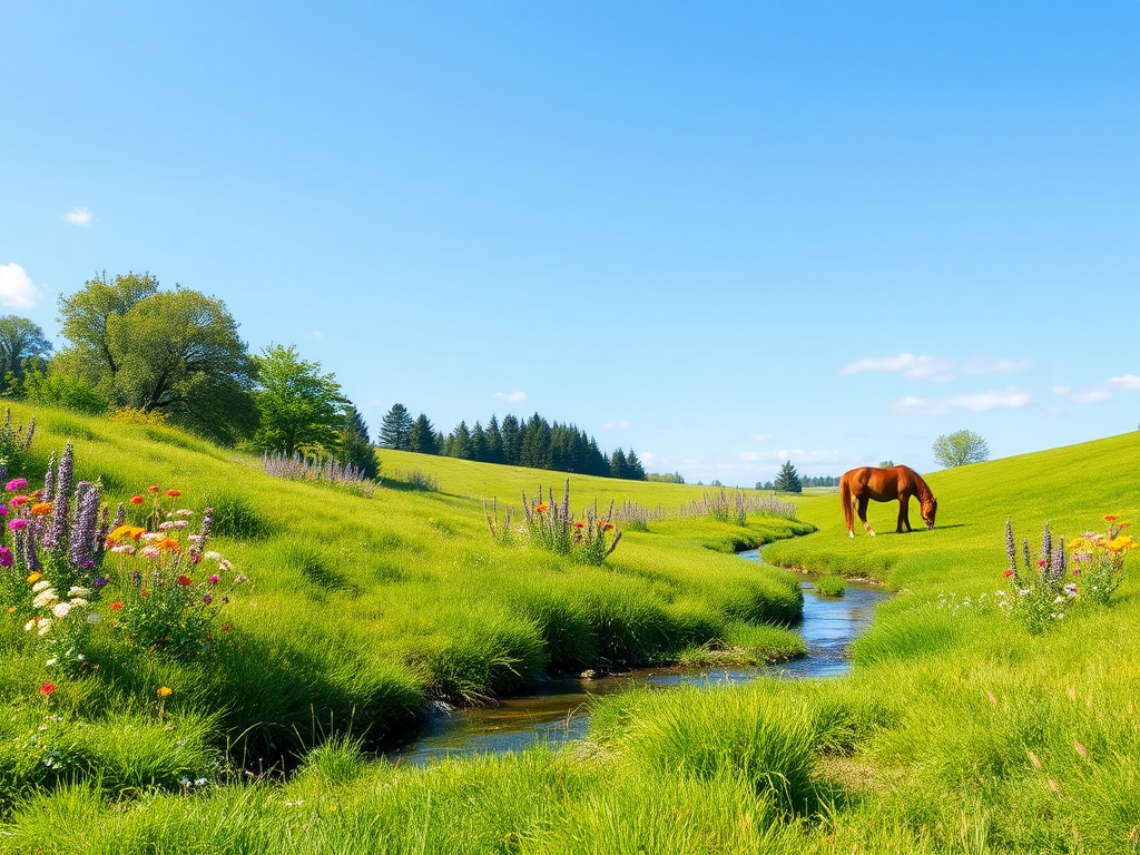 A horse grazing in a lush, flower-filled garden.