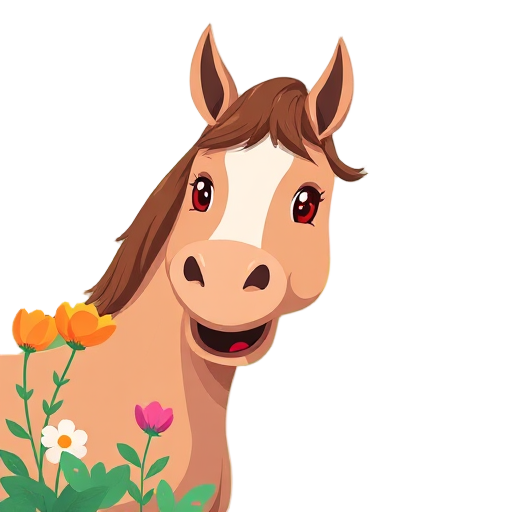 Smiling horse surrounded by colorful flowers.
