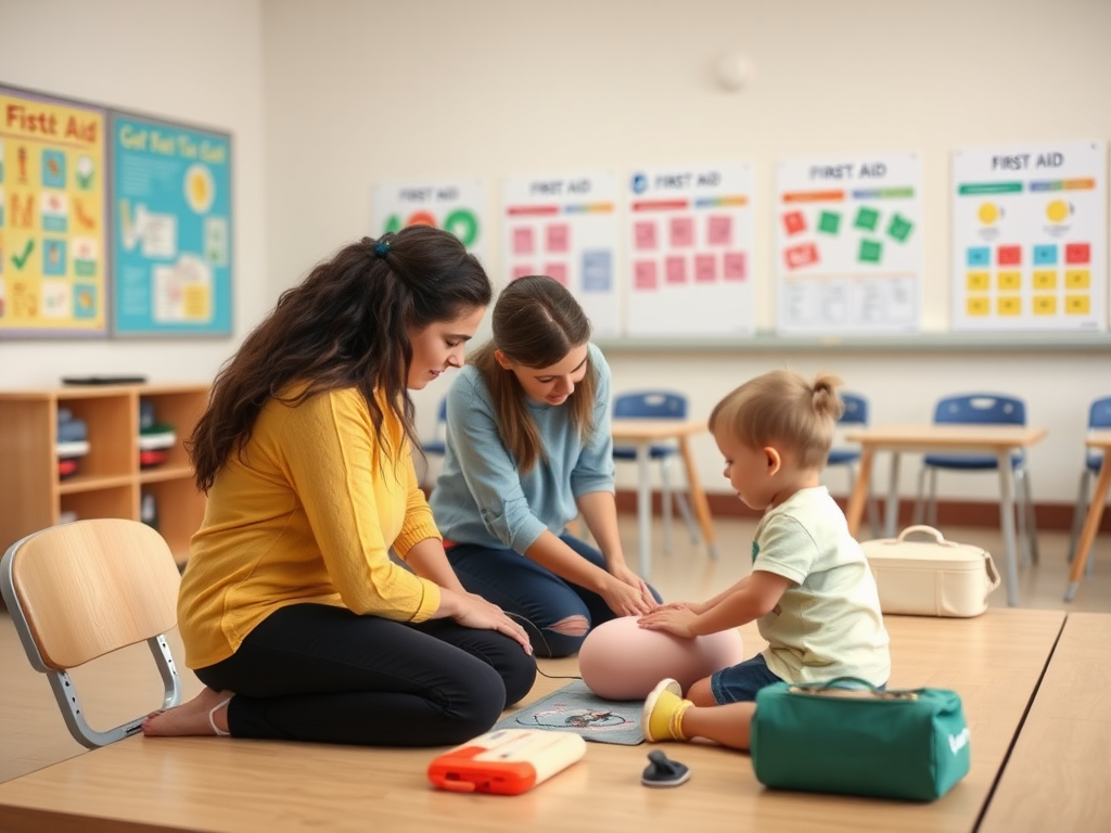 Rustige klasruimte met ouders en kind die CPR oefenen.