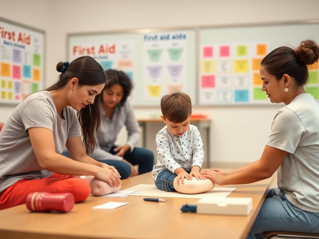 Rustige klaslokaal met ouders en kind die CPR oefenen.