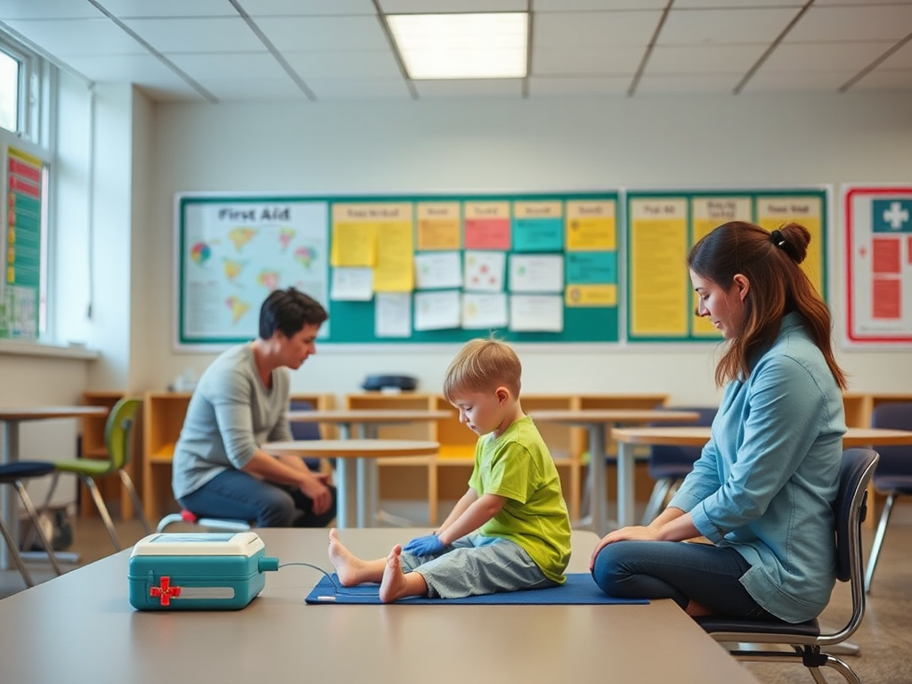 Rustige klaslokaal met ouders en kind die CPR oefenen.