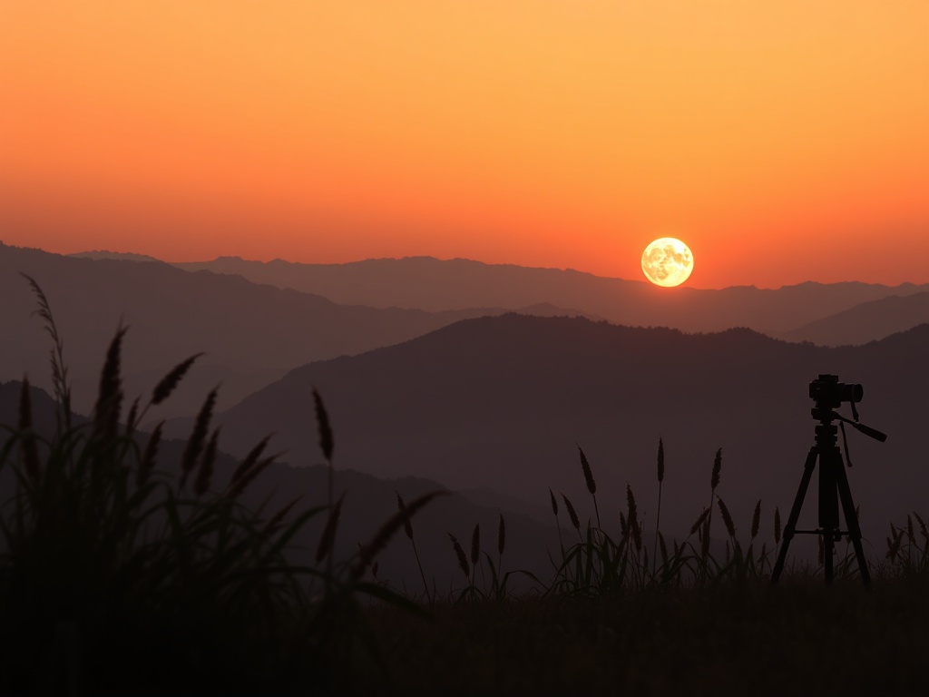 "A serene landscape at golden hour, silhouette mountains, foreground reeds, subtle moon rising, photographer with tripod, tools apps glow softly, atmospheric mist, vivid warm tones."