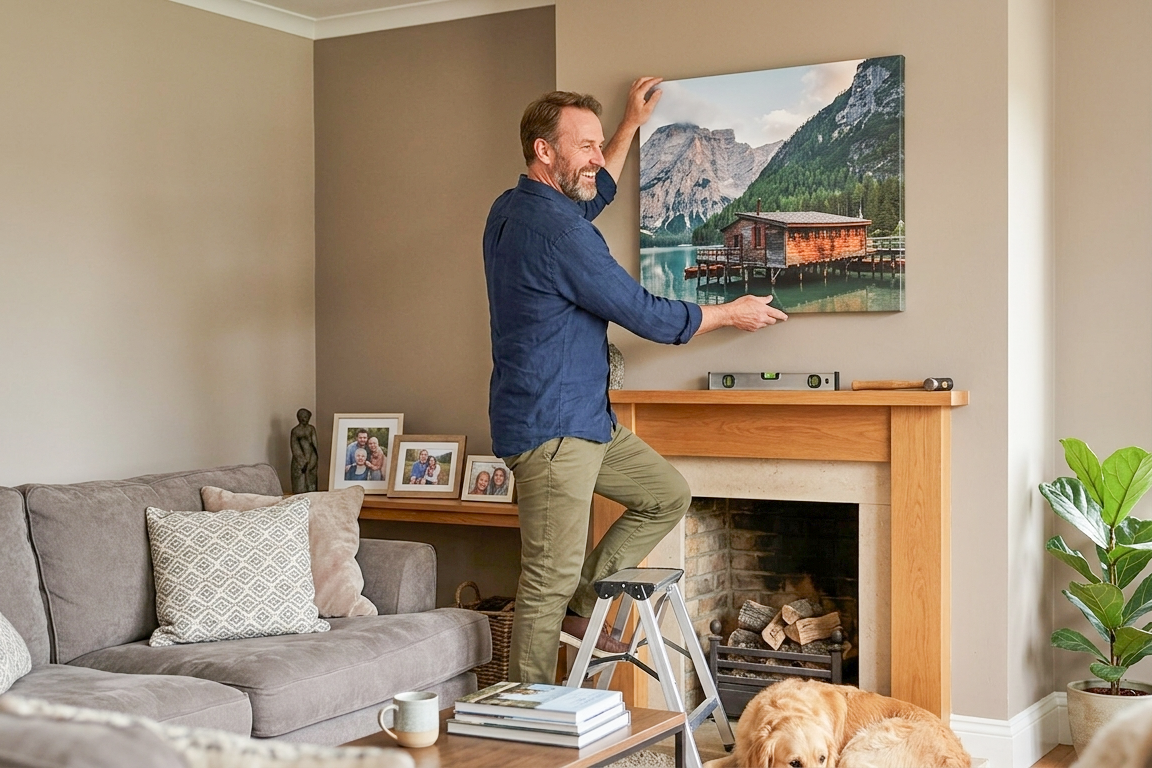 Man hangt canvas aan de muur