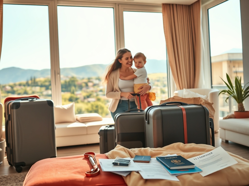 "A candid family moving to Italy, joyful couple with child, packing suitcases in a sunlit modern apartment, Tuscan hills in distance, warm tones, passports and documents spread"