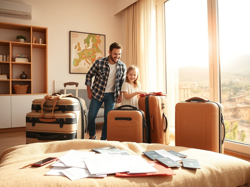 "A candid family moving to Italy, joyful couple with child, packing suitcases in a sunlit modern apartment, Tuscan hills in distance, warm tones, passports and documents spread"