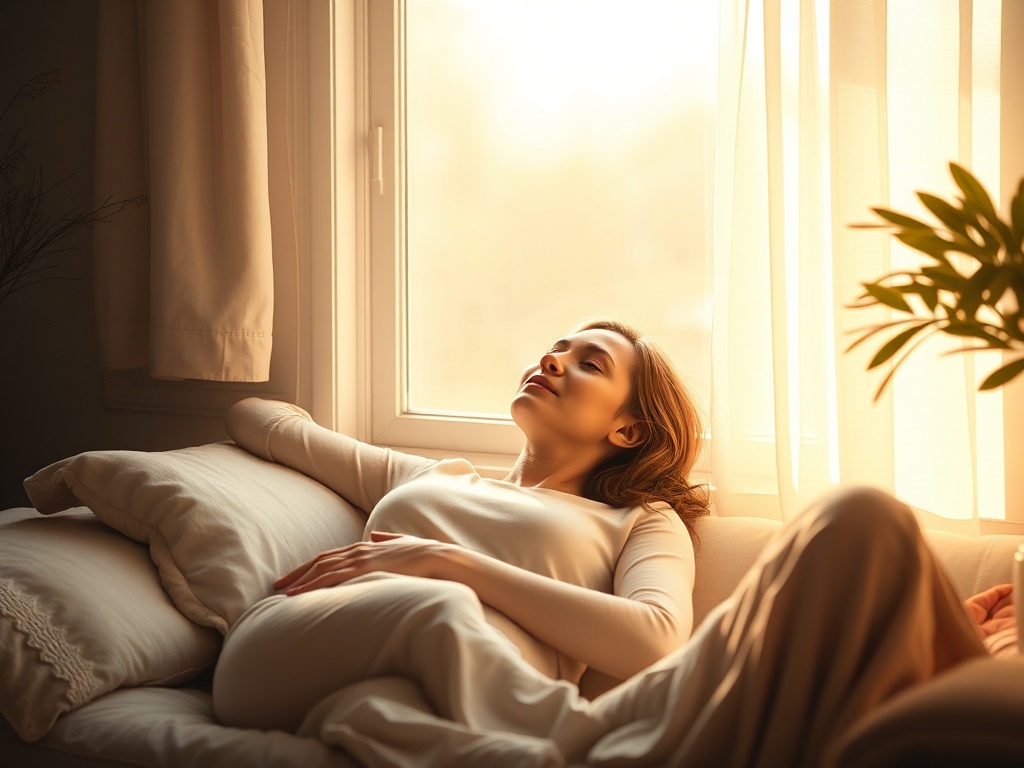 "peaceful woman reclining" "soft morning light through window" "gentle hands of light hovering above" "warm pastel tones, calming blues and pinks" "minimalist cozy interior"