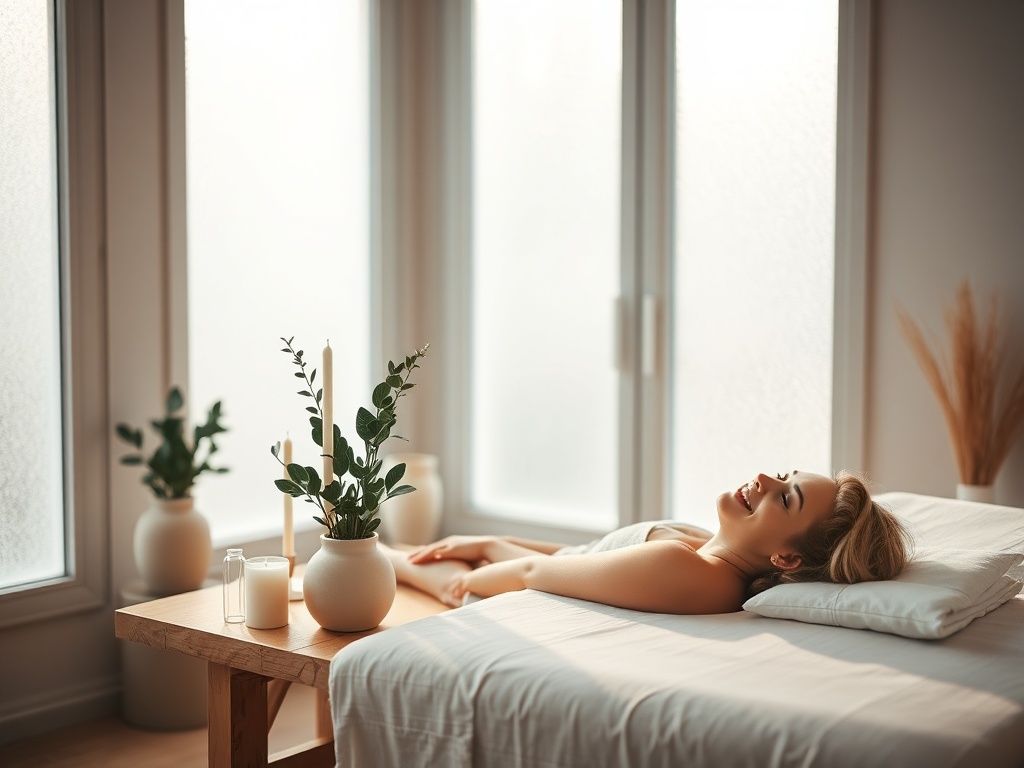 "serene wellness studio interior" "soft morning light through frosted windows" "minimal wooden massage table with white linen" "potted eucalyptus and candles" "calm person relaxed, eyes closed, subtle smile" "warm neutral color palette, gentle bokeh"