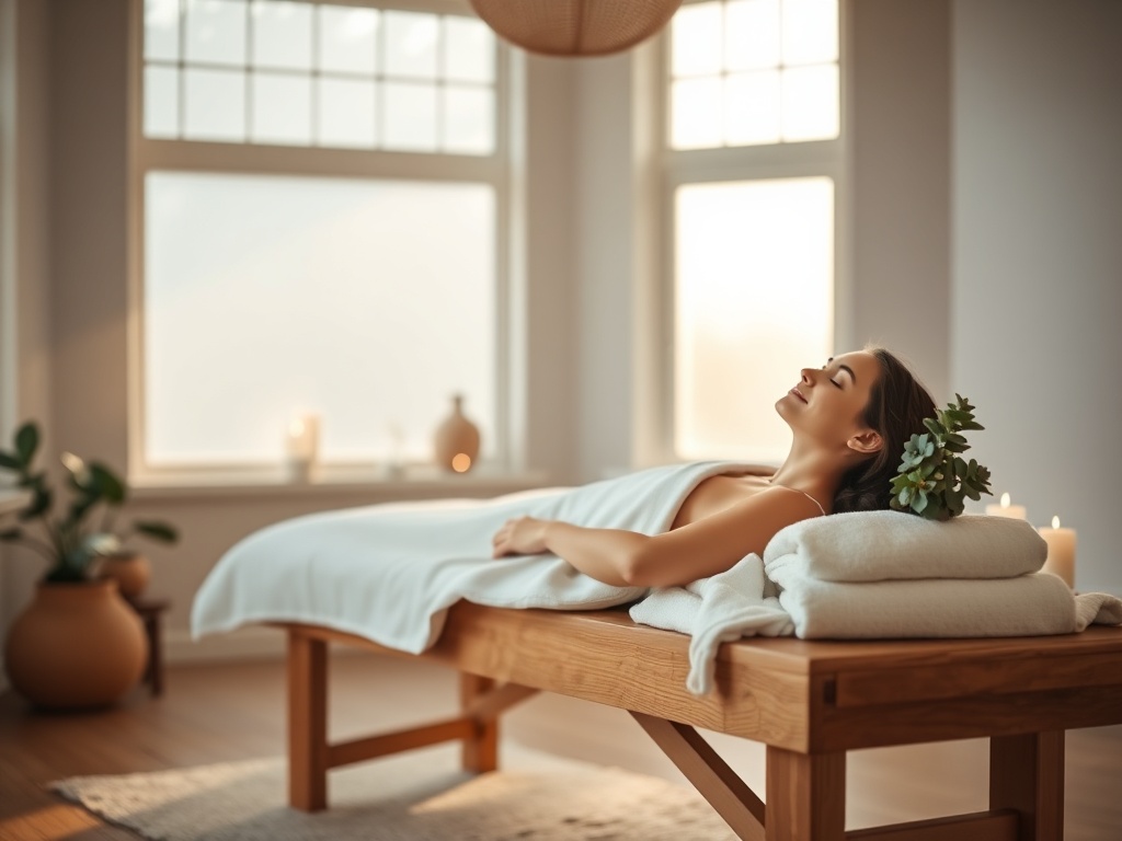 "serene wellness studio interior" "soft morning light through frosted windows" "minimal wooden massage table with white linen" "potted eucalyptus and candles" "calm person relaxed, eyes closed, subtle smile" "warm neutral color palette, gentle bokeh"