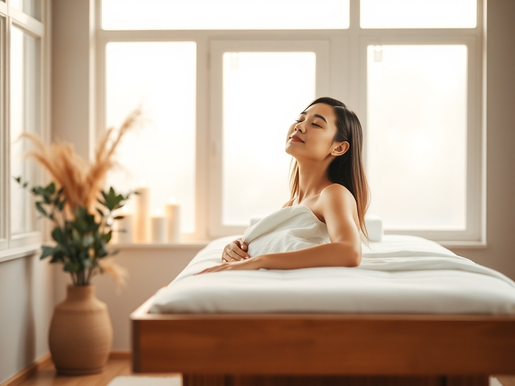 "serene wellness studio interior" "soft morning light through frosted windows" "minimal wooden massage table with white linen" "potted eucalyptus and candles" "calm person relaxed, eyes closed, subtle smile" "warm neutral color palette, gentle bokeh"