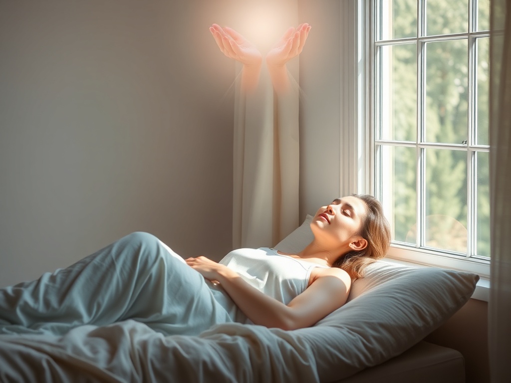 "peaceful woman reclining" "soft morning light through window" "gentle hands of light hovering above" "warm pastel tones, calming blues and pinks" "minimalist cozy interior"