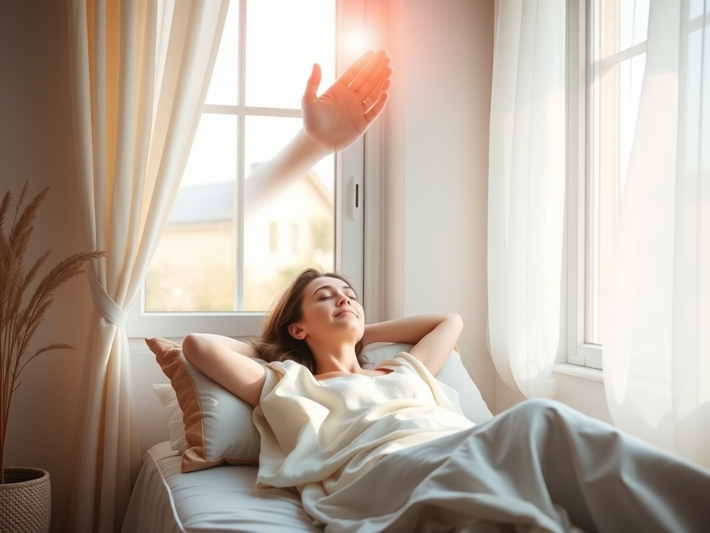 "peaceful woman reclining" "soft morning light through window" "gentle hands of light hovering above" "warm pastel tones, calming blues and pinks" "minimalist cozy interior"