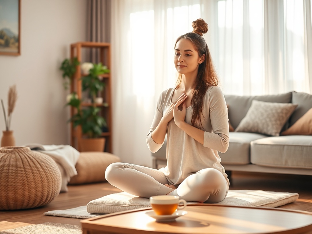 "calm female yoga teacher" "soft morning light" "cozy living room" "woman sitting cross-legged on cushion" "gentle hands hovering over heart" "warm tea cup on low table" "soft pastel colors" "peaceful, restorative atmosphere"