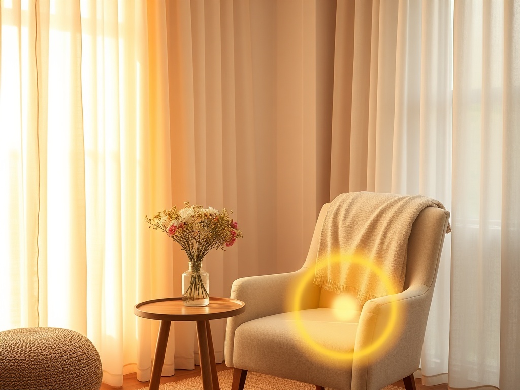 "warm, serene therapy room" "soft golden light through sheer curtains" "comfortable armchair with folded blanket" "small wooden table with glass bottle of flowers and a crystal" "subtle Reiki energy glow around chair" "soft neutral palette, calming atmosp