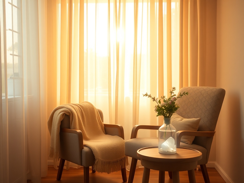 "warm, serene therapy room" "soft golden light through sheer curtains" "comfortable armchair with folded blanket" "small wooden table with glass bottle of flowers and a crystal" "subtle Reiki energy glow around chair" "soft neutral palette, calming atmosp