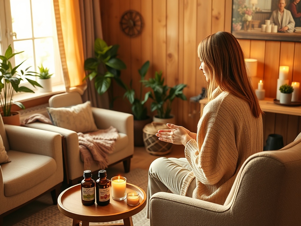 "warm cozy therapy room" "soft golden light" "comfortable armchairs with throw blankets" "small wooden table with glass bottles of Bach flower essences" "calm woman receiving gentle Reiki hand placement" "potted plants and candles" "peaceful, restorative 