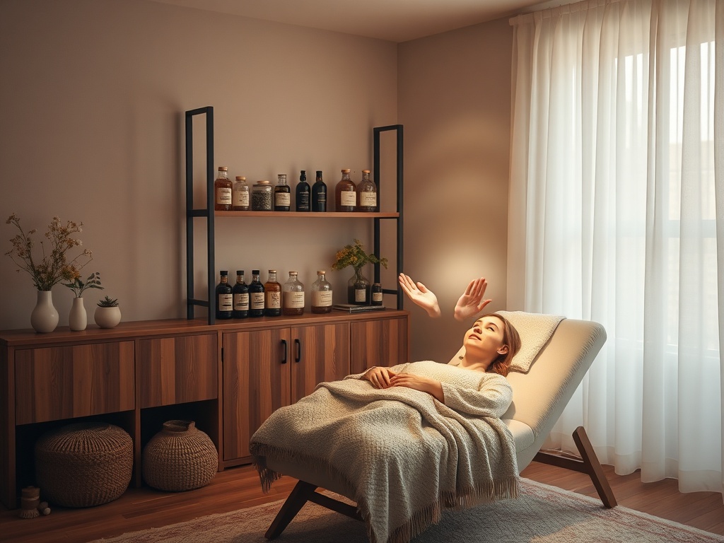 "calm therapy room" "soft warm lighting" "comfortable recliner with blanket" "bottles of flowers and herbs on wooden shelf" "hands emitting gentle light over client" "peaceful natural tones"