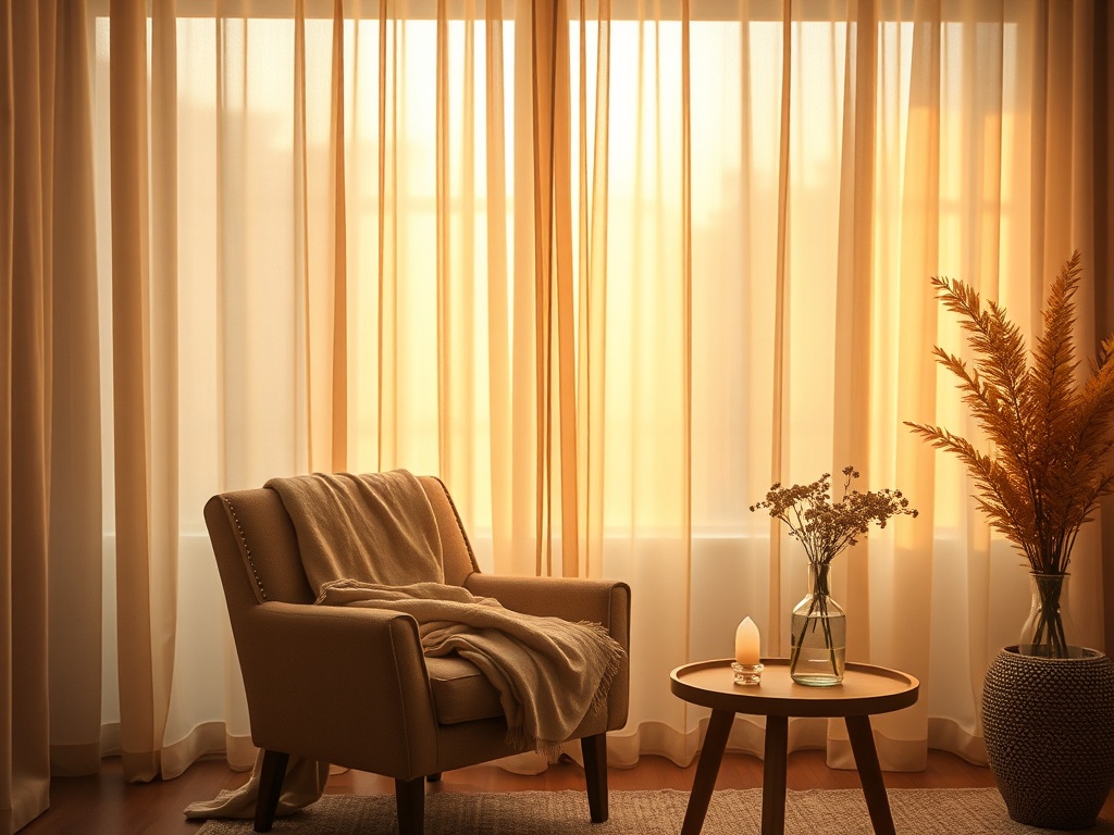 "warm, serene therapy room" "soft golden light through sheer curtains" "comfortable armchair with folded blanket" "small wooden table with glass bottle of flowers and a crystal" "subtle Reiki energy glow around chair" "soft neutral palette, calming atmosp