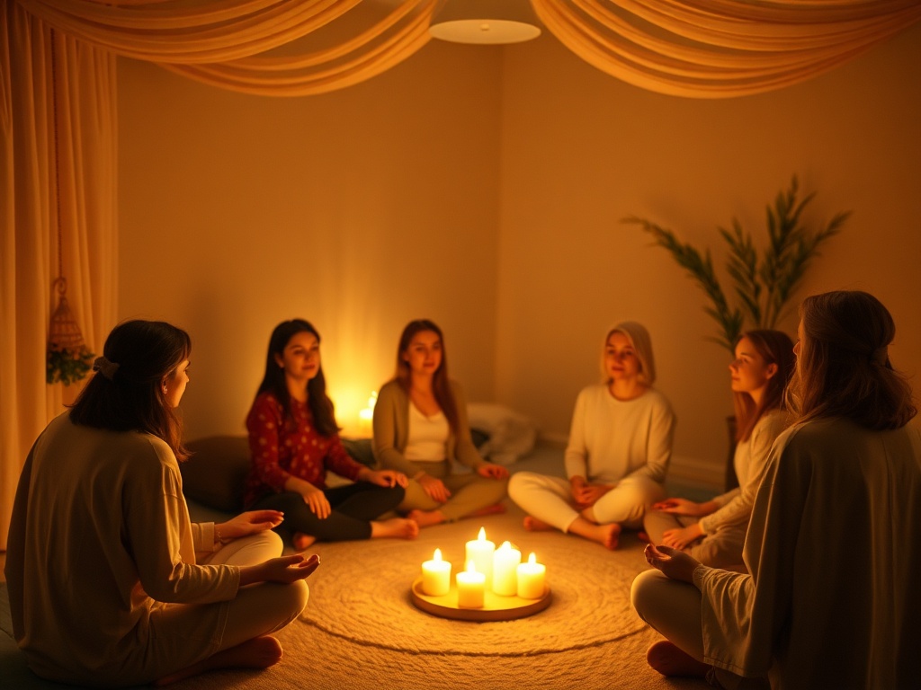 "A warm online circle of women in soft, cozy lights, intimate small-group setting, serene meditation space, subtle earthy tones, gentle rituals, candlelight."