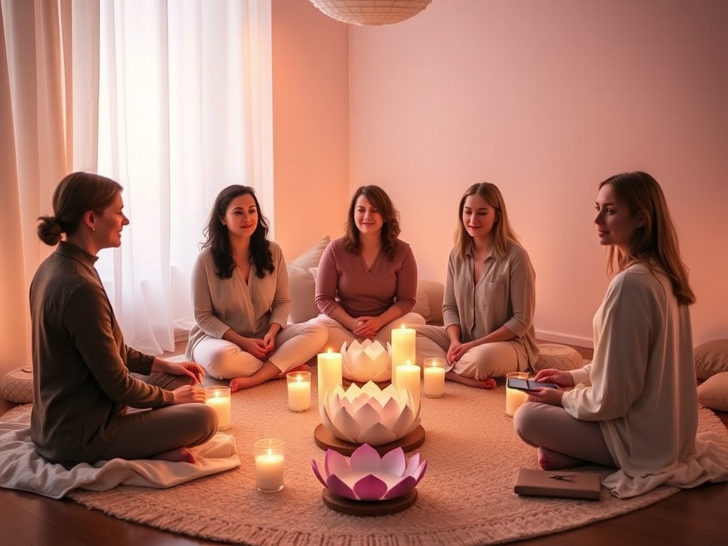 "A warm, intimate online circle for women, three-night retreat vibe; soft lighting, cozy seated circle, candles, pastel tones, calming textures, subtle symbolic lotus, serene expressions, digital devices muted"