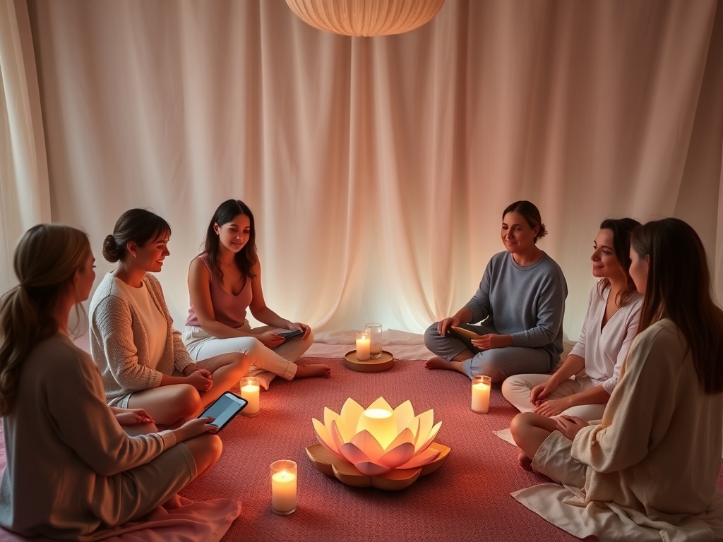"A warm, intimate online circle for women, three-night retreat vibe; soft lighting, cozy seated circle, candles, pastel tones, calming textures, subtle symbolic lotus, serene expressions, digital devices muted"