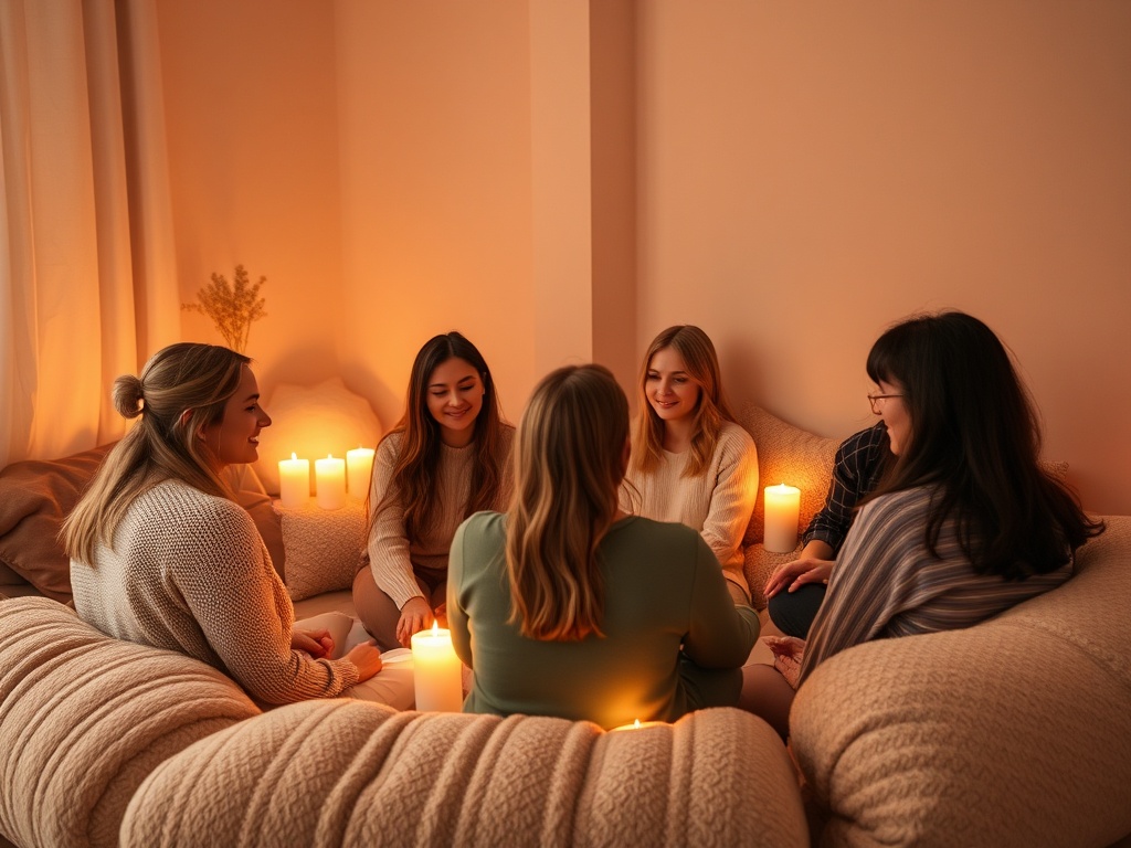 "A warm, intimate online circle scene for women, soft lighting, plush cushions, candlelight, serene faces sharing in a safe virtual space, healing rituals in progress."