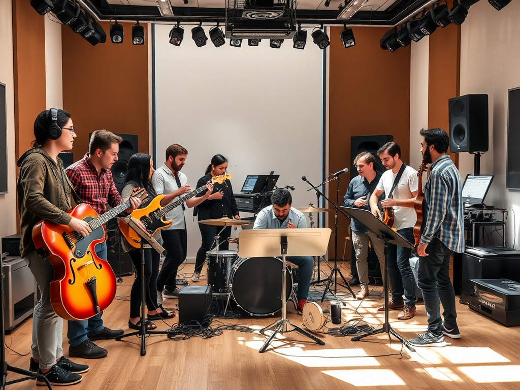 Een diverse groep muzikanten samen in een moderne studio.