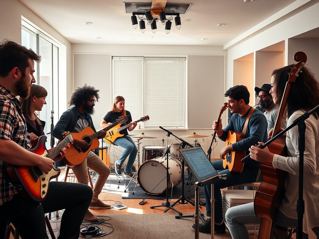 Een diverse groep muzikanten in een moderne studio.