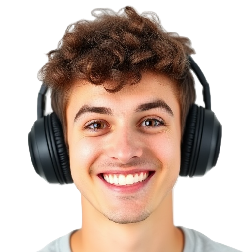 Een persoon met een grote glimlach en hoofdtelefoon.