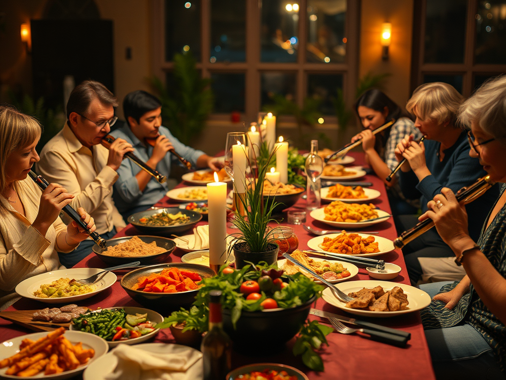 "warm evening buffet table" "variety of colorful dishes" "flutists relaxing together" "soft ambient lighting" "musical instruments nearby" "friendly, casual atmosphere" "people sharing food and stories"