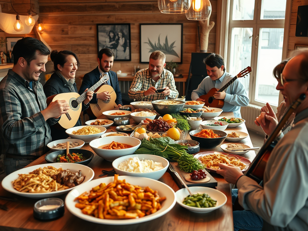 A cozy buffet setting with diverse dishes, musicians joyfully sharing food and laughter, warm lighting, wooden tables, and musical instruments nearby.