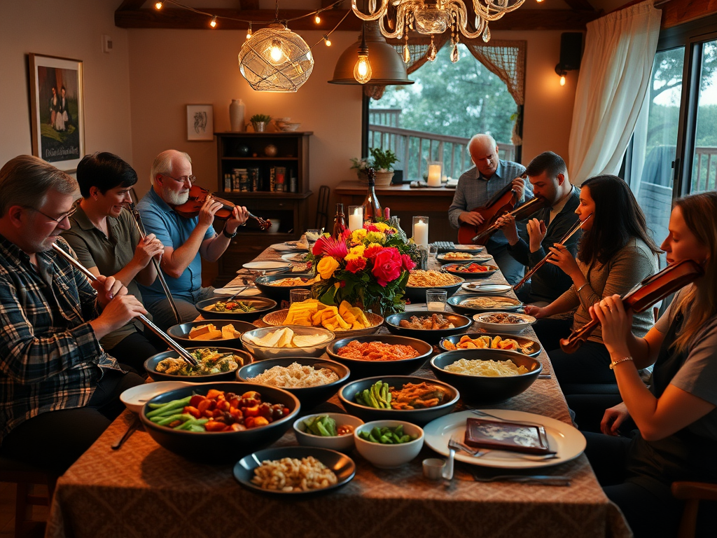 "warm evening buffet table" "variety of colorful dishes" "flutists relaxing together" "soft ambient lighting" "musical instruments nearby" "friendly, casual atmosphere" "people sharing food and stories"