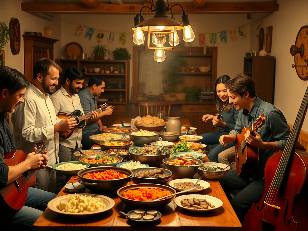 A cozy buffet setting with diverse dishes, musicians joyfully sharing food and laughter, warm lighting, wooden tables, and musical instruments nearby.