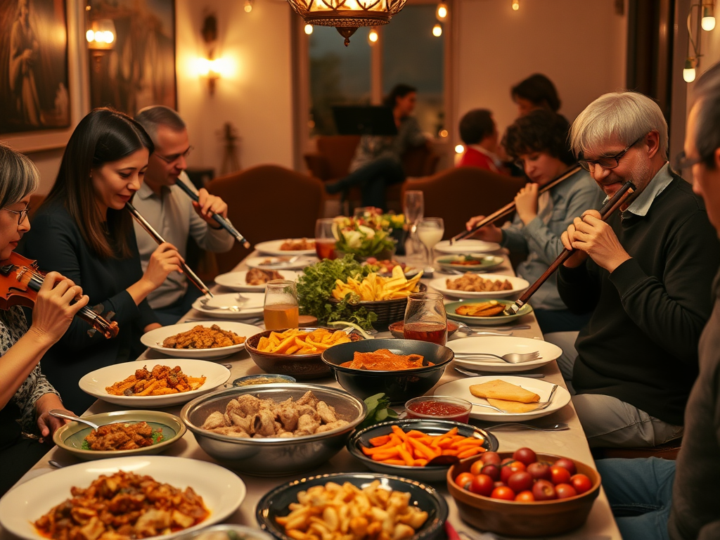 "warm evening buffet table" "variety of colorful dishes" "flutists relaxing together" "soft ambient lighting" "musical instruments nearby" "friendly, casual atmosphere" "people sharing food and stories"