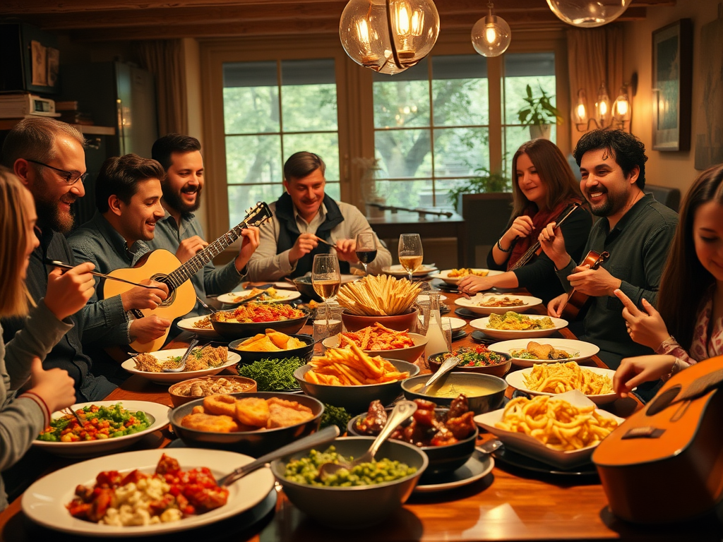 A cozy buffet setting with diverse dishes, musicians joyfully sharing food and laughter, warm lighting, wooden tables, and musical instruments nearby.