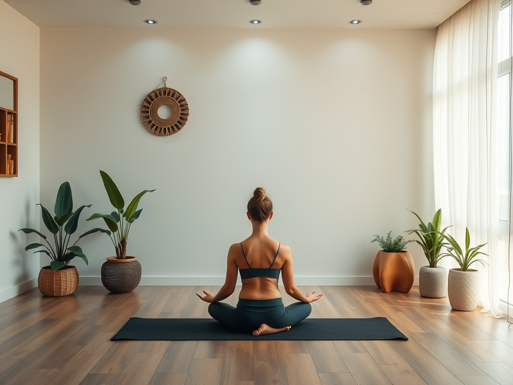 Een rustige yogastudio met een persoon op een mat.