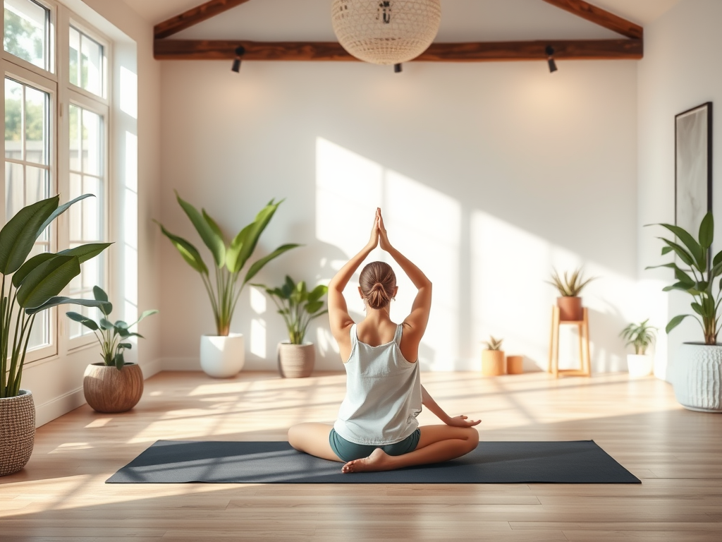 Een rustige yogastudio met een persoon op een mat.