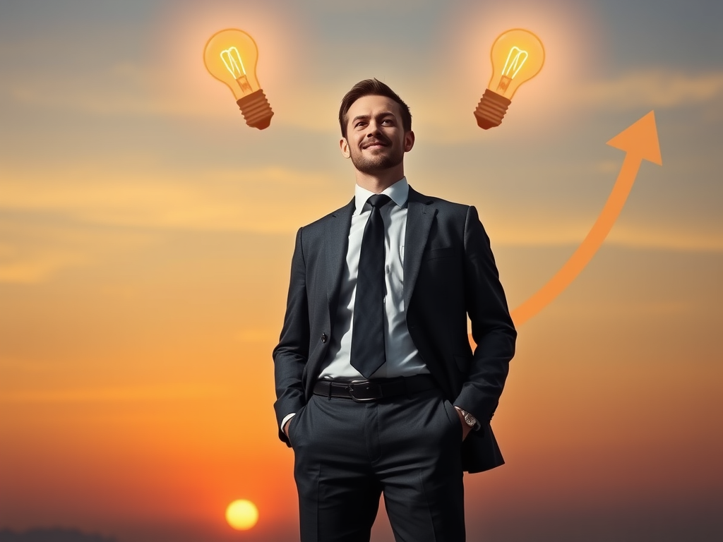 A confident businessperson standing tall, surrounded by glowing "lightbulbs" symbolizing insights, with ascending "arrows" and a calm sunrise background, inspiring growth.