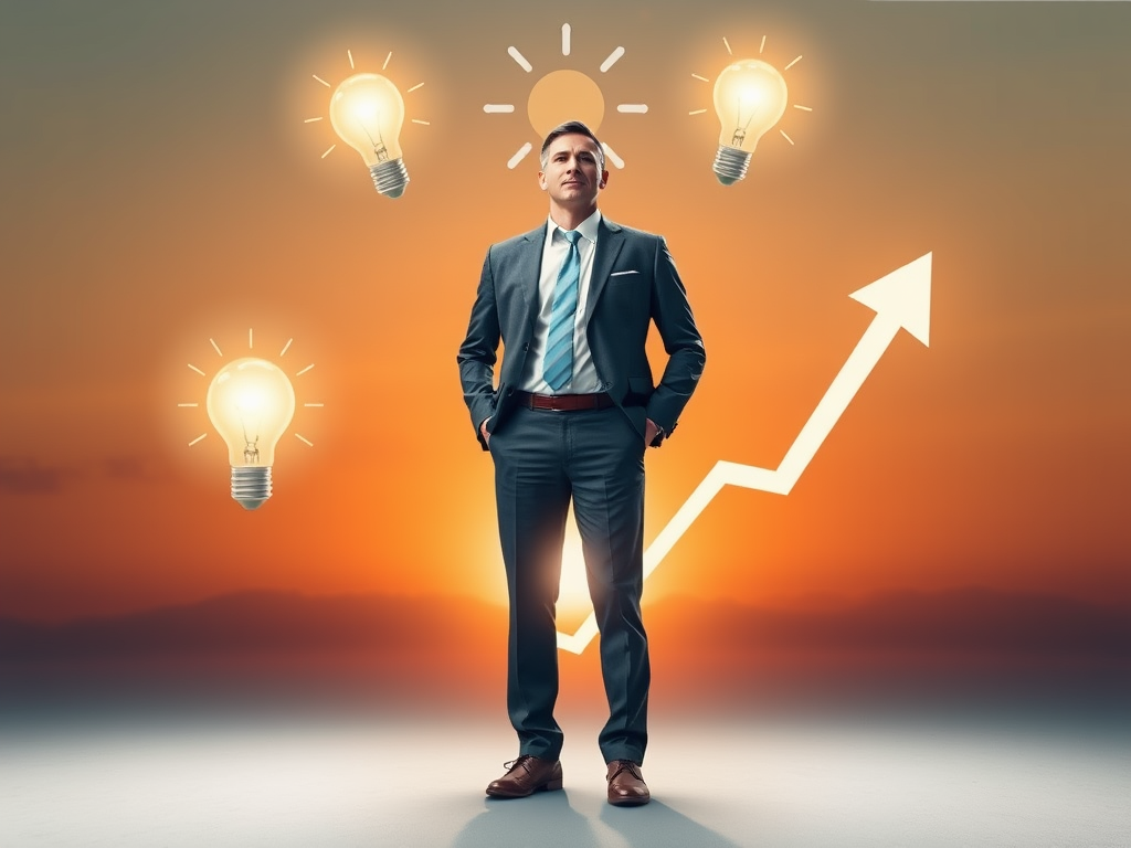 A confident businessperson standing tall, surrounded by glowing "lightbulbs" symbolizing insights, with ascending "arrows" and a calm sunrise background, inspiring growth.