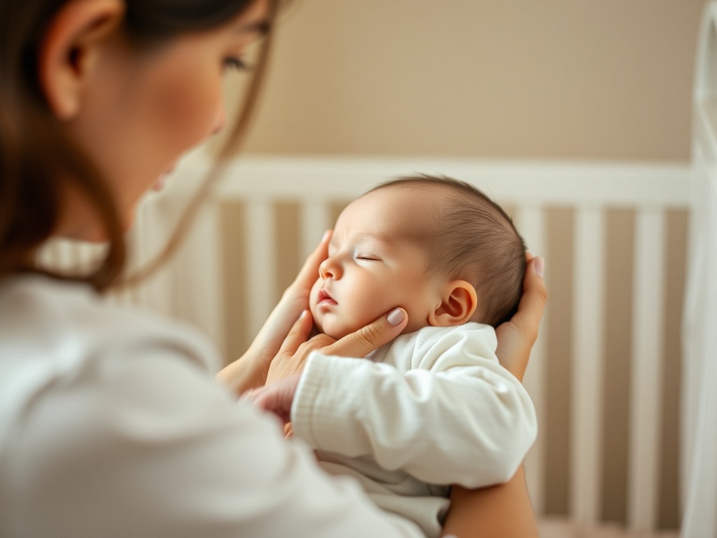 "gentle parent stroking infant" "soft morning light" "calm neutral nursery" "slow flowing hand movements" "warm skin tones" "peaceful relaxed baby" "subtle motion blur"